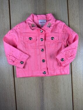 Little Lass Hot Pink Eyelet Embroidered Denim Jacket